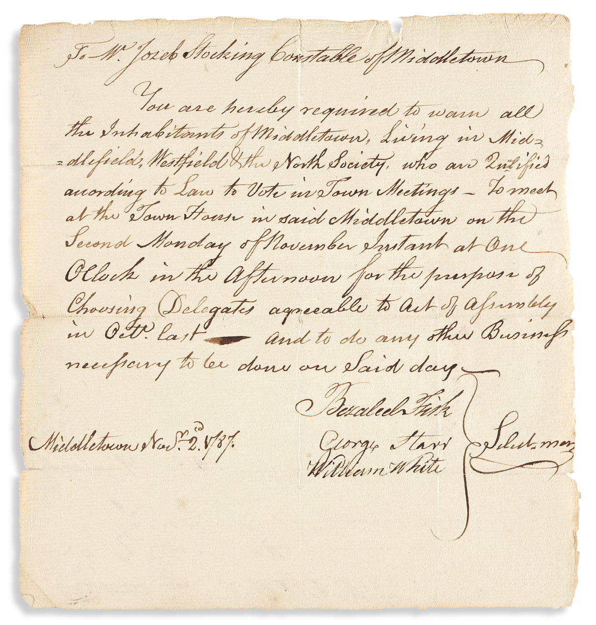 (CONSTITUTION.) Order for voting on delegates to Connecticuts convention for ratifying the Constitution.